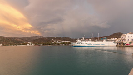 Naklejka premium Panorama of Amorgos island evening timelapse. Greece