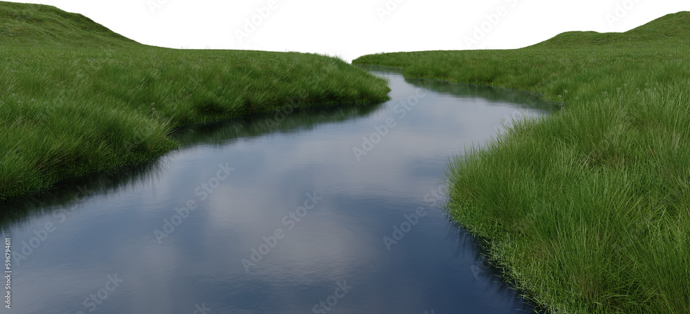 Poster realistic grass plain and river. 3d rendering of isolated objects.