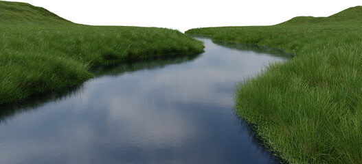 Realistic grass plain and river. 3d rendering of isolated objects.