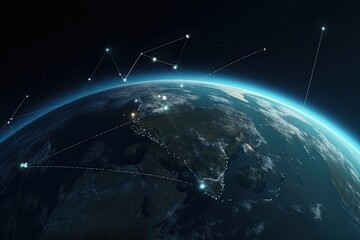 Communication network above Earth for global business and finance digital exchange. Satellite view - Generative AI