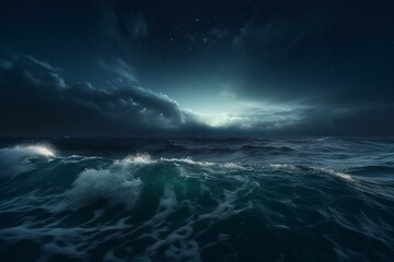 The dark ocean churns under a star-studded sky. Generative AI