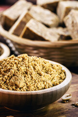 peanut flour, ground and dried peanuts used as a cooking ingredient, macro photography, typical food of the June festivities