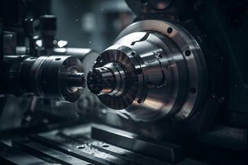 Plakat A CNC lathe machine cuts metal shaft parts with a milling turret. Generative AI