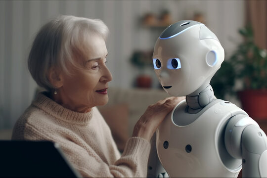 An elderly woman and humanoid robot assistant share a close bond in a cozy living room. Concept of future technology, friendship, geriatric care, companionship. Generative AI.