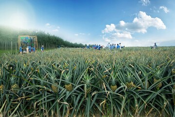 a group of people in a pineapple field in Ivory Coast