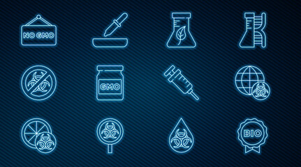 Set line Label for bio healthy food, GMO, Test tube and flask, Stop, No, Syringe and Pipette icon. Vector