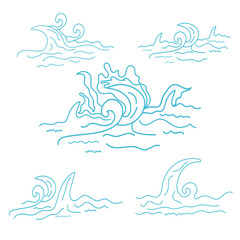 Set of wave lines,hand-drawn doodle blue wave vector, illustration design.