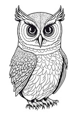 Decorative owl. Adult antistress coloring page. Black and white hand drawn illustration for coloring book, logo, cover