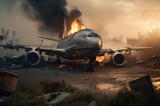 Aircraft explosion during landing. Airliner catastrophe. Plane accident on runway created by generative AI