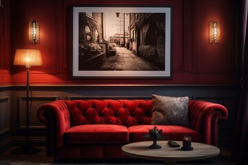 A cozy lounge with a comfortable scarlet sofa and a framed artwork hanging on the wall. Generative AI