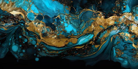 It depicts an abstract background with gold, blue and jade green hues. The colours blend together in stunning patterns, creating depth and movement. An artificial intelligence-generated illustration.