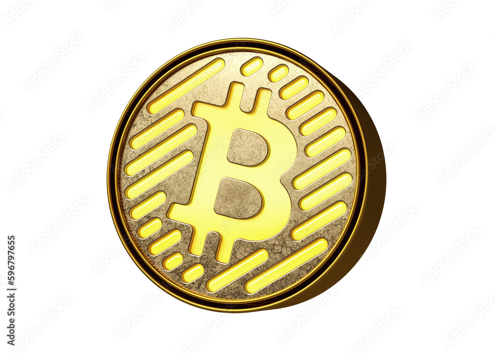 Aufkleber bitcoin logo display in gold with neons. flashing cryptocurrency design for illustrating ads and new