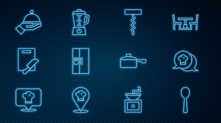 Set line Spoon, Chef hat in speech bubble, Wine corkscrew, Refrigerator, Cutting board and knife, Covered with tray, Frying pan and Blender icon. Vector