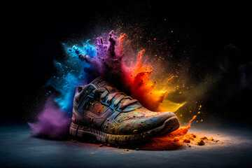 Sport shoe with a powerful explosion of mix color powder.AI generated