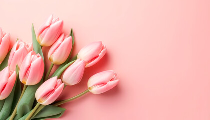 Bouquet of pink tulips flowers on pink pastel background. AI generated