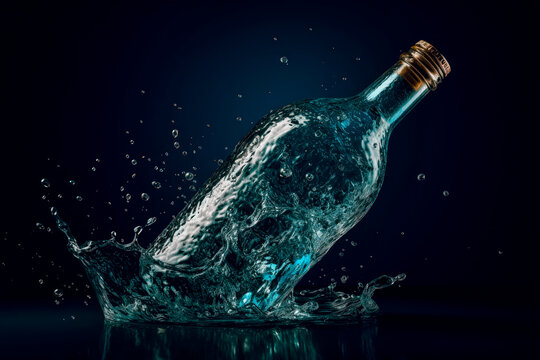 Falling clear glass bottle with a water splash.AI generated