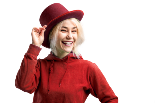 PNG Shot of a smiling woman. Beautifu youngl woman wearing red hat and in a red sweatshirt.