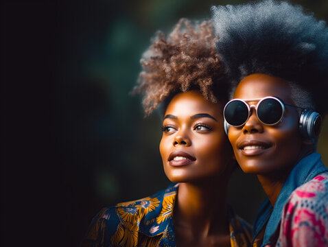 Happy multiethnic girls smile and look away. Generative AI Illustration