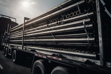 Multiple steel tubes on a trailer with many wheels being transported. Generative AI
