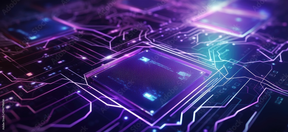Poster purple background with a circuit board and lights generative ai