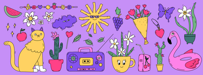 Trendy y2k stickers set. Summer fruits, funny characters, retro design elements. Bright line doodle vector nostalgia illustrations
