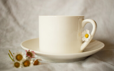 weiße Kaffeetasse mit Gänseblümchen 