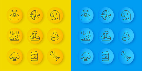 Set line CO2 emissions in cloud, Say no to plastic bags poster, Tsunami, Dead fish, Glacier melting, Polar bear head, Global warming and Hand holding Earth globe icon. Vector