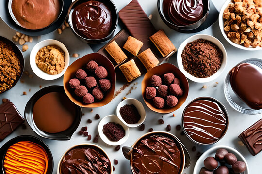 An Overhead Shot Of A Table Filled With Various Types Of Chocolate Desserts