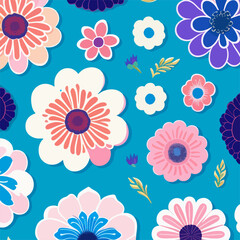 Fototapeta na wymiar Set of flat floral stickers on a blue background. Vector illustration for print 