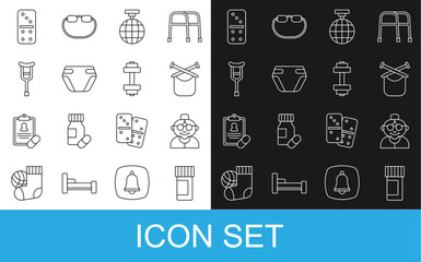 Set line Medicine bottle and pills, Grandmother, Knitting, Disco ball, Adult diaper, Crutch or crutches, Domino and Dumbbell icon. Vector