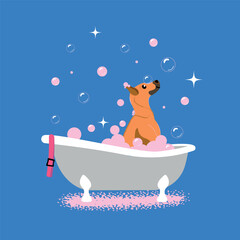 Vector flat illustration of cute dog taking a bath full of soap foam. Grooming concept on blue background
