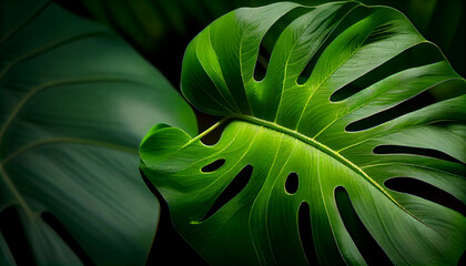 Green Tropical Leaf Background. Close up macro shot green background Ai generated image