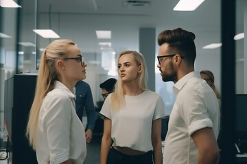 Fototapeta premium Businesspeople Colleagues men and women arguing in the office. Disagreement conflict in the office. Generative AI