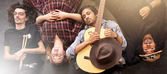 Fototapeta premium Our bands on its way to the top. High angle portrait of a band lying on the stage after a gig.
