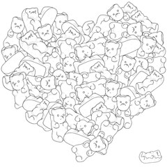Heart shaped pattern with gummy bears. Adult coloring book page with shiny jelly bears. Black and white vector illustration.