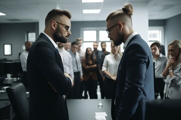 Businesspeople Colleagues men and women arguing in the office. Disagreement conflict in the office. Generative AI