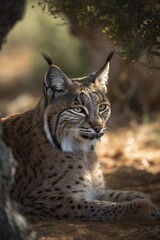 AI Generative - Discover the Elusive Beauty of Critically Endangered Iberian Lynx: Resting Under the Shade of a Watchful Tree