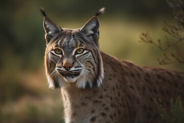 Fototapeta premium AI Generative - Unleash the Wild: Witness the Majesty of an Iberian Lynx Roaming Free Through the Sparkling Spanish and Portuguese Countryside