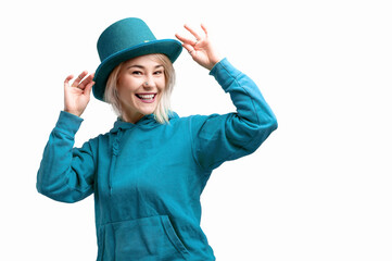 Smiling woman. Beautifu young woman wearing blue hat and in a blue sweatshirt.