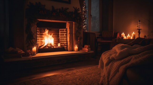 A cozy living room with a roaring fireplace, AI, AI technology