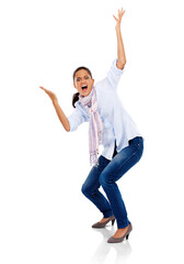 Portrait, frustration and angry shock with a woman frustrated from news. Shocked, doubt and surprise with a female model with what hands reaction with anger isolated on a transparent, png background