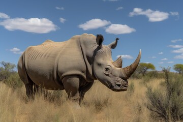 Fototapeta premium AI Generative - Endangered Giants: Grazing Northern White Rhino in African Savannah