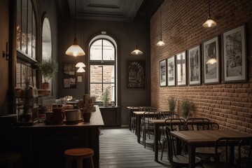 Fototapeta na wymiar A café with brick walls in shades of grey. Generative AI