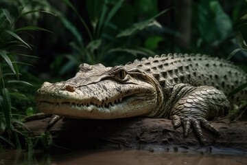 Fototapeta premium AI Generative - Rare Siamese Crocodile Witness Serene Basking in Southeast Asia