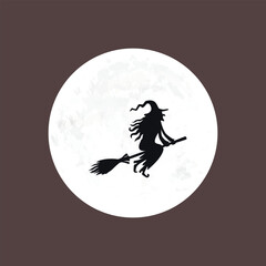 Vector black silhouette of a witch flying on broom and full moon on dark sky in the background