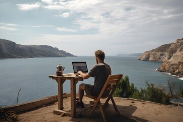A Caucasian man sitting on a wooden chair working remotely with his laptop. There are mountains and the sea in the background. Digital Nomad Concept. Generative Ai.