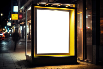 realistic ilustration, light advertising box mockup and city traffic at night, generative AI