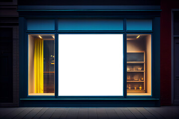 Mock-up of blank billboard at store street showcase window in a city at night. Generative ai