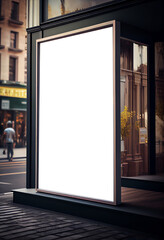 Mock - up of blank billboard at store street showcase window in a city. Generative ai