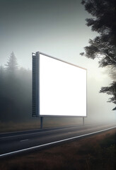 Empty white billboard on the side of highway in forest during sunrise fog. Generative ai